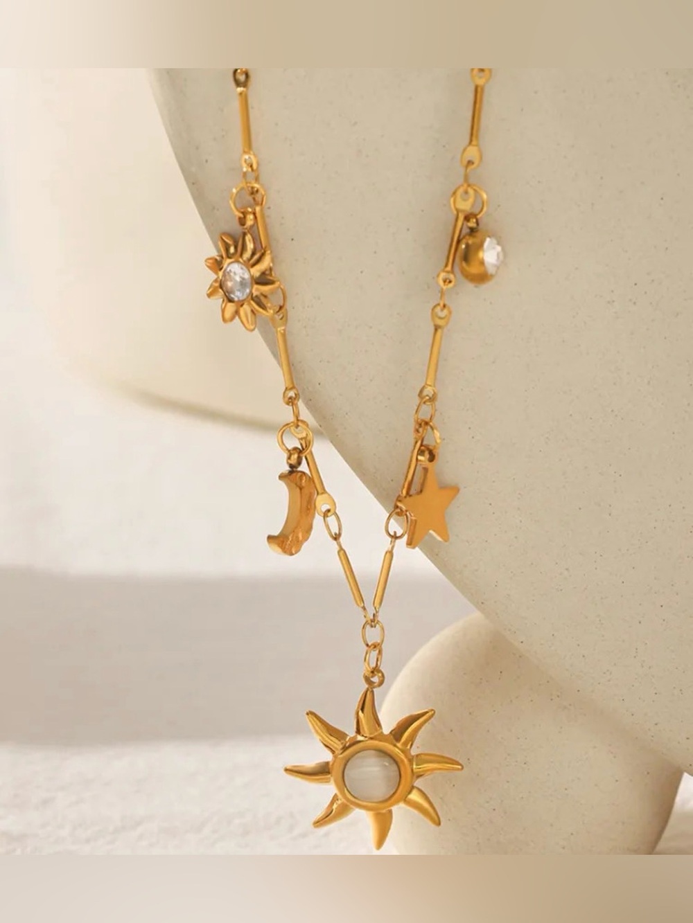 Gold Sun & Celestial Charm Necklace - WATERPROOF Hypoallergenic